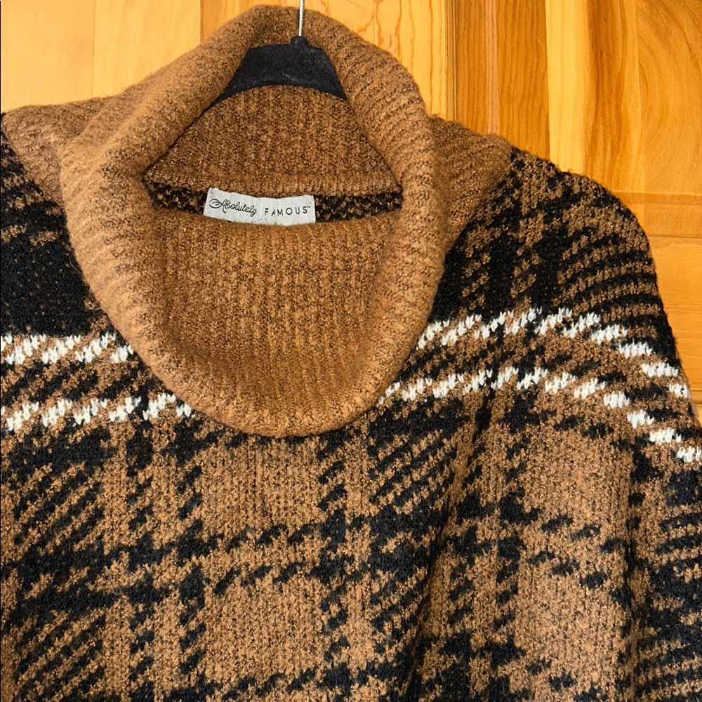 Absolutely Famous Brown and Black Plaid Cowl Neck Sweater